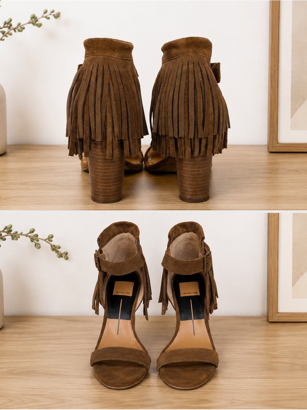 Dolce Vita Fringe Suede Ankle Strap Heels - Brown